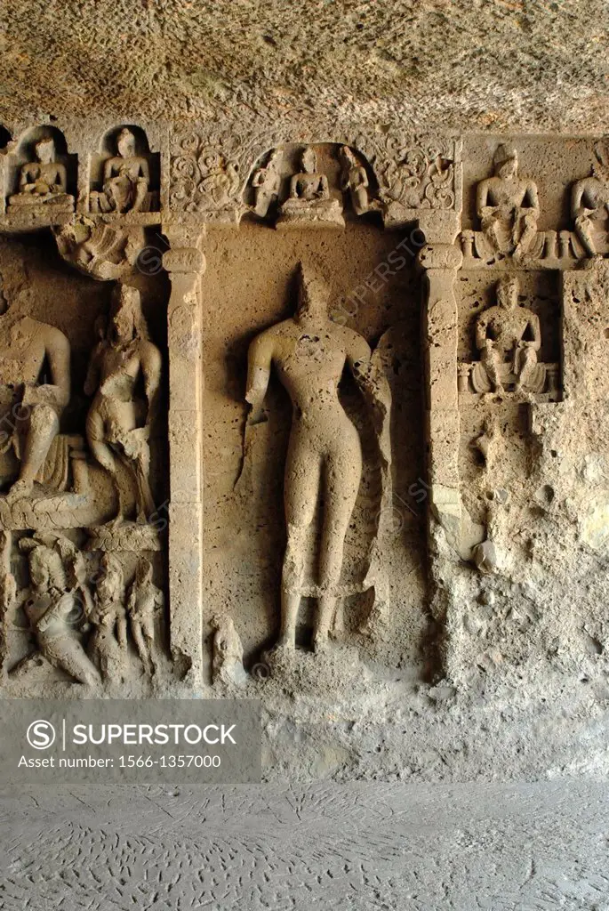 Right wall- central panel of the Chaitya at Kondivite showing Buddha figures of the 5th. Century A.D. Mumbai. The Mahakali Caves (also known as the Ko...