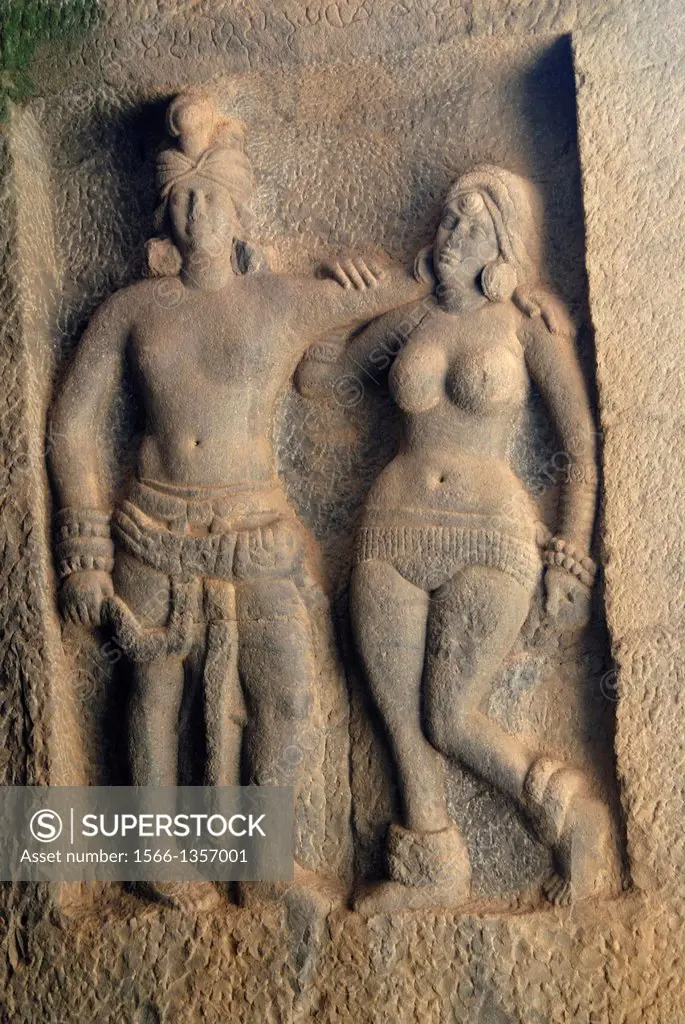 Mithuna couple also called as amorous couple, or loving couple on the right in the courtyard of Karla Chaitya, Dist Pune, Maharashtra. The Karla Caves...