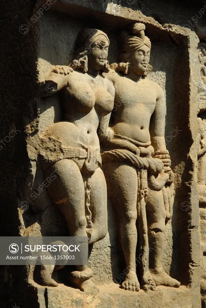 Mithuna couple on the right of the main entrance doorway, Karla Chaitya, Dist Pune, Maharashtra. The Karla Caves or Karle Caves or Karla Cells are a c...
