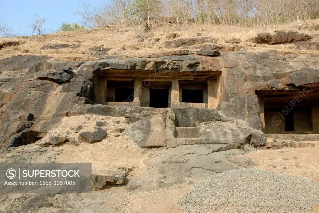 General-View of Cave 4 and 5 of the Lower Group, Kuda Caves, Kolaba district, Maharastra, India. This 15 Buddhist caves are small simple excavated by ...