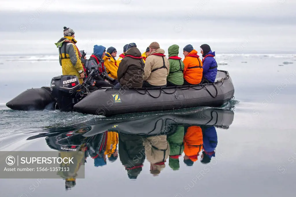 Russia, Chukotka autonomous district, Wrangel island, Pack ice, photographers on board of zodiacs.