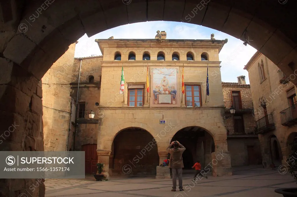 Horta de San Joan town hall building, XVI century renaissance, in the square of the church. Tarragona.1015