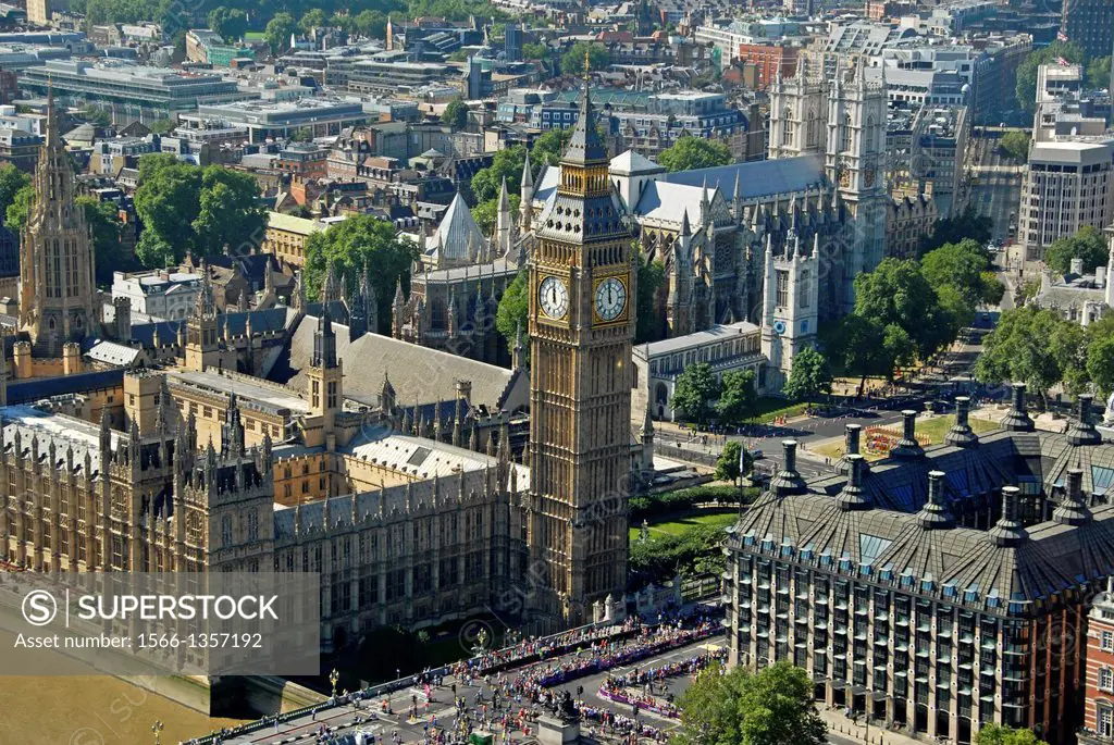 The Big Ben Tower and the Houses of Paliament. Westminster Abbey is in the background on the right. London, England, Great Britain, Europe.