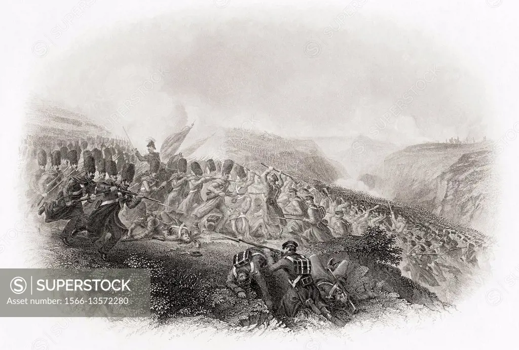 The Battle of Inkermann, 1854, during The Crimean War. Charge of the Guards. From a 19th century print.