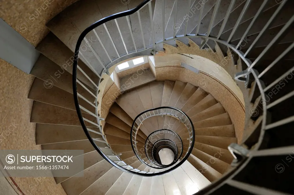 spiral staircase of the main lighthouse of Goulenez, Ile de Sein, off the coast of Pointe du Raz, Finistere department, Brittany region, west of Franc...