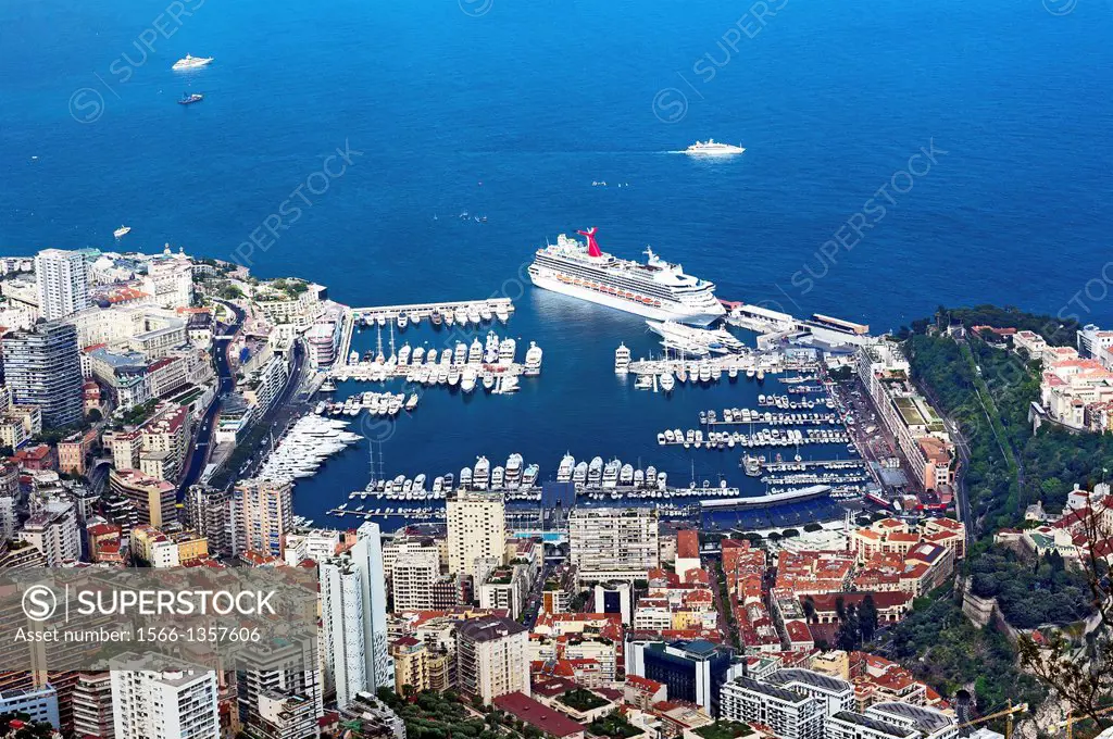 Principality of Monaco, Monte Carlo, Monaco Harbour, Port Hercule. Aerial view.