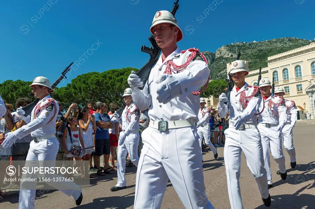 Principality of Monaco, Monte Carlo. Guard prince palace during the changing of the guard.