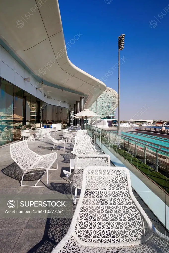 UAE, Abu Dhabi, Yas Island, Viceroy Hotel, view of the Yas Marina Formula One Circuit racetrack.