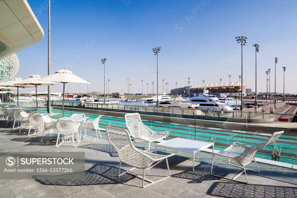 UAE, Abu Dhabi, Yas Island, Viceroy Hotel, view of the Yas Marina Formula One Circuit racetrack.