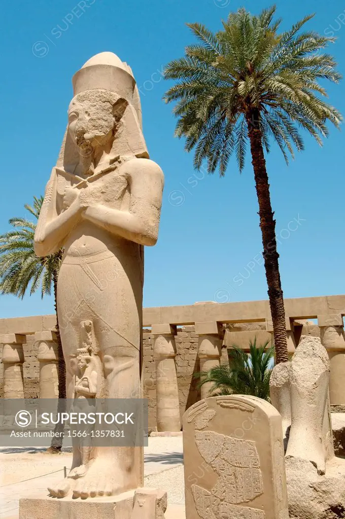 Statue of Ramses II with his daughter Meritamen, Karnak Temple Complex, Luxor (Thebes), Egypt, Africa.1015