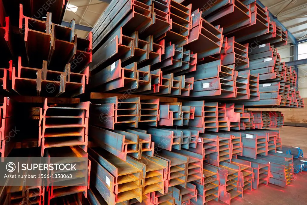 Steel Girders, Siderurgical products, Port warehouse, Pasajes Port, Gipuzkoa, Basque Country, Spain.