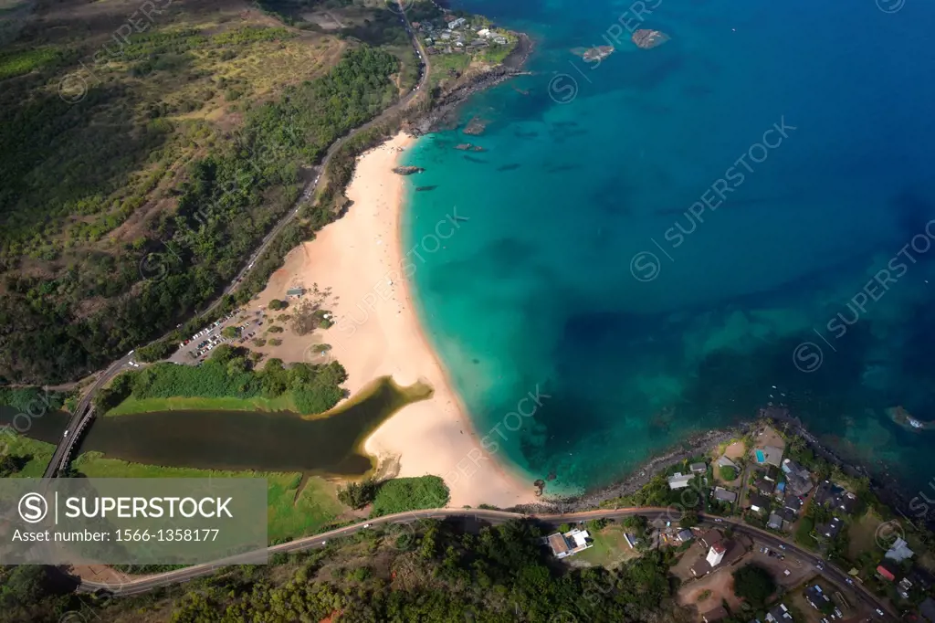 Aerial view of Waimea Bay, North Shore of Oahu, Hawaii, USA.