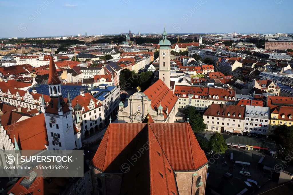 View from the tower of the old Peter to the Church of Holy Spirit, to the southeast of Munich