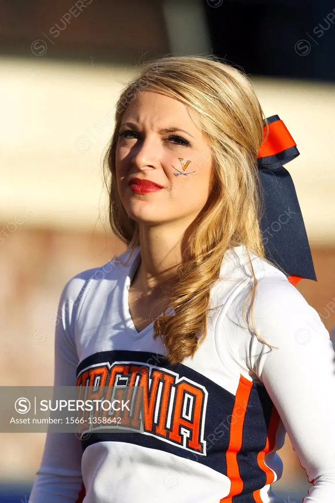 Oct 15, 2011; Charlottesville VA, USA; A Virginia Cavaliers cheerleader on the sidelines against the Georgia Tech Yellow Jackets during the third quar...