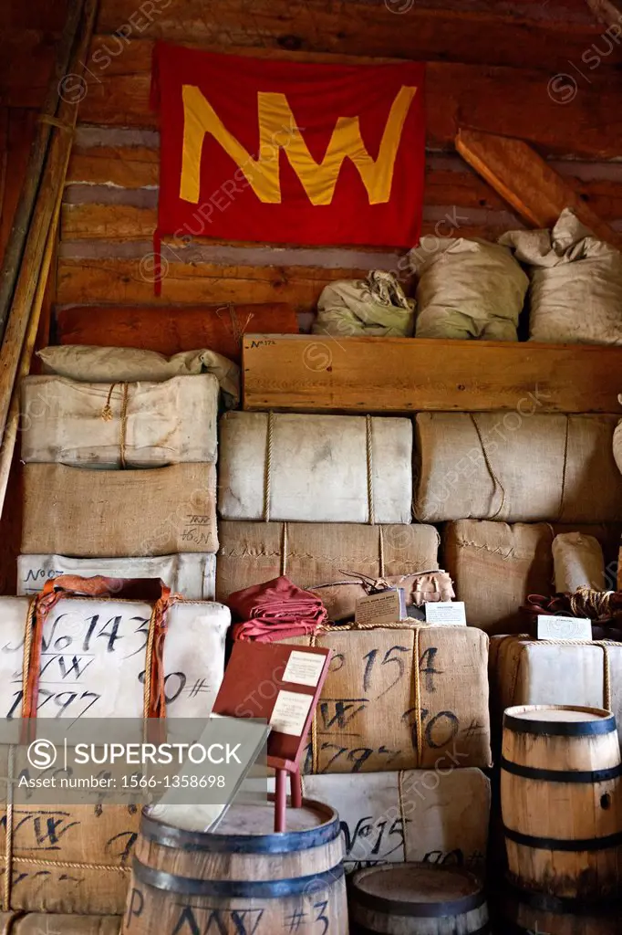 Goods stacked inside the North West Company Warehouse, Grand Portage National Monument, Grand Portage, Minnesota, United States of America.