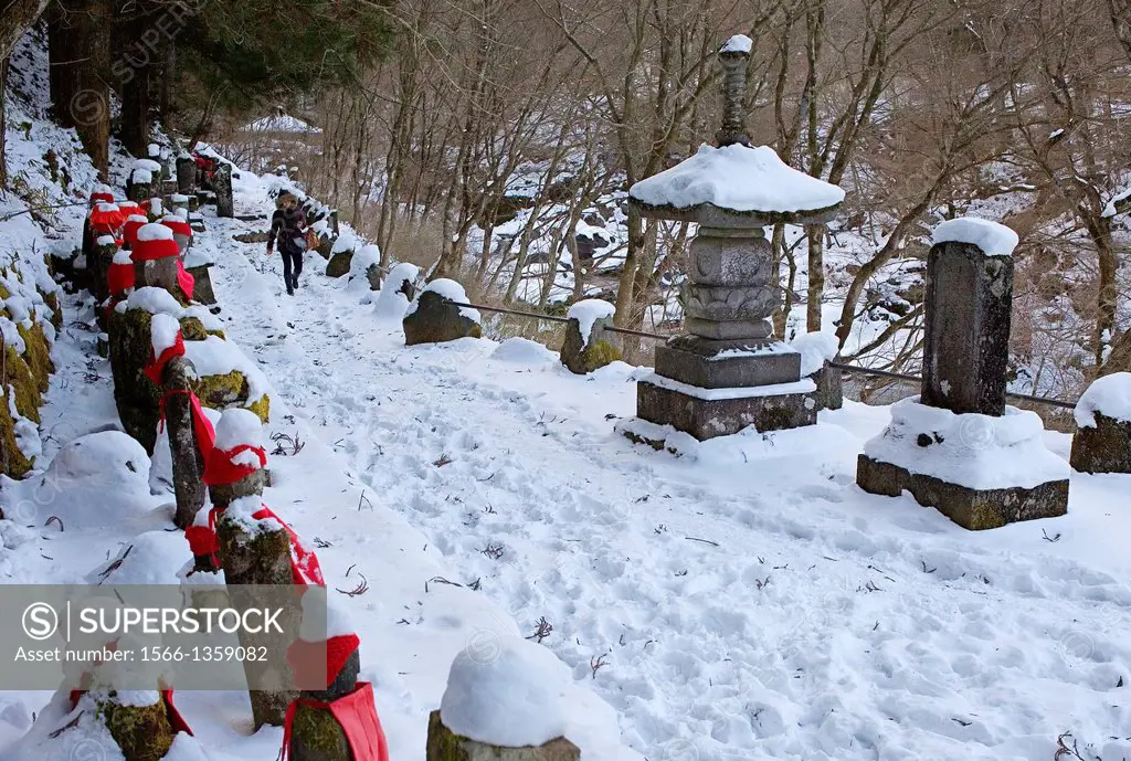 Narabijizo, Bakejizo, jizo stone statues,buddhist guardian deities in Kanmangafuchi Abyss, Nikko, Japan.