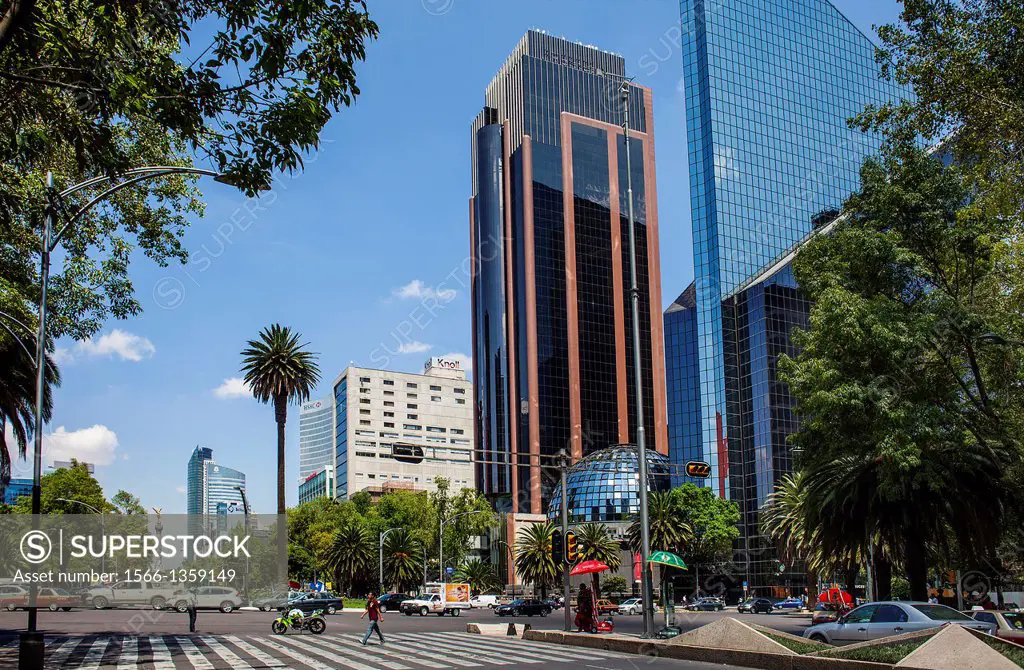 Paseo de la Reforma, at right Mexican Stock Exchange Building, Centro Bursatil, Mexico City, Mexico.