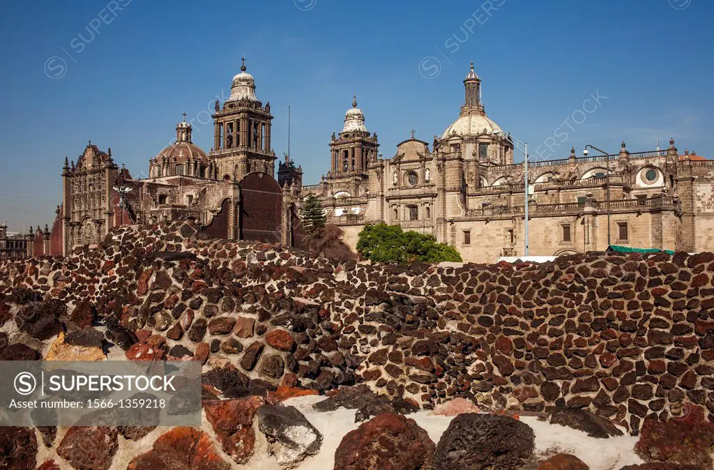 The Aztecs Ruins of Templo Mayor, Archaeological Site, in backgroubd The Metropolitan Cathedral, historic center, Mexico City, Mexico.