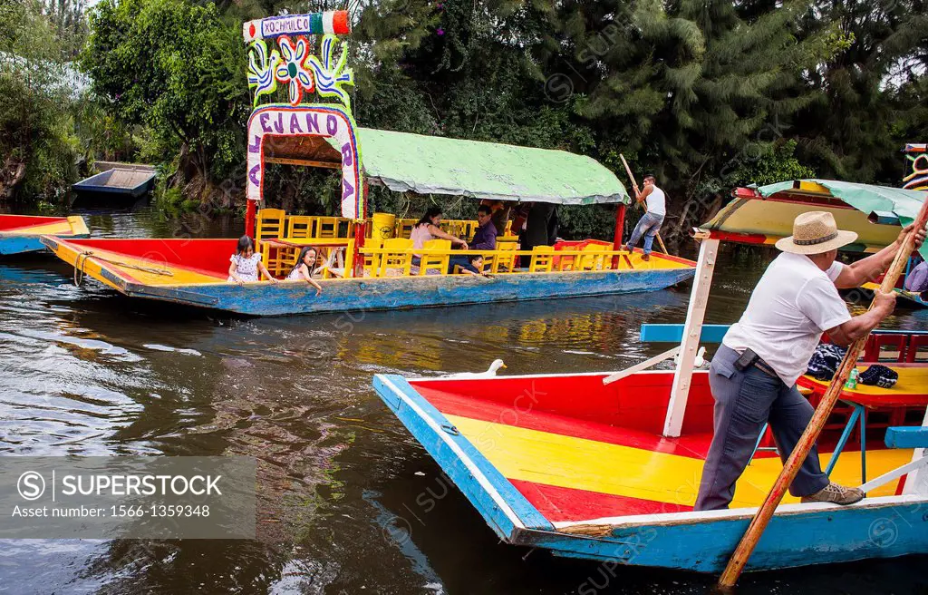 Trajineras on Canal, Xochimilco, Mexico City, Mexico.