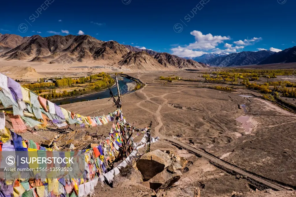 Stakna Monastery, Indus Valley, Ladakh, India, Asia. Prayer flags.