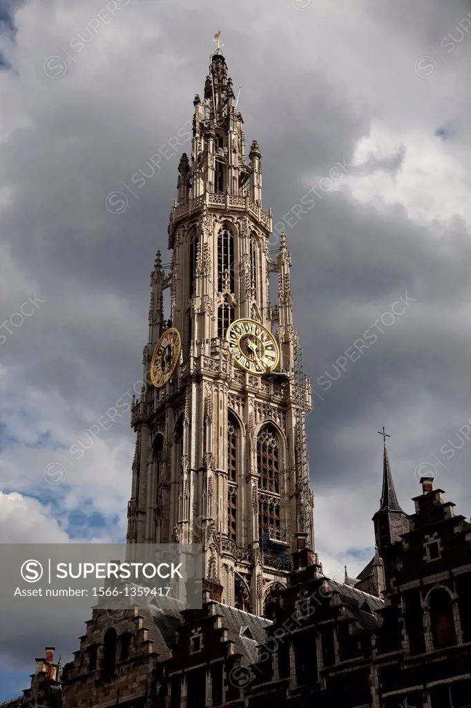 church tower of The Onze-Lieve-Vrouwekathedraal (Cathedral of our Lady) and central Antwerp, Belgium, Europe.