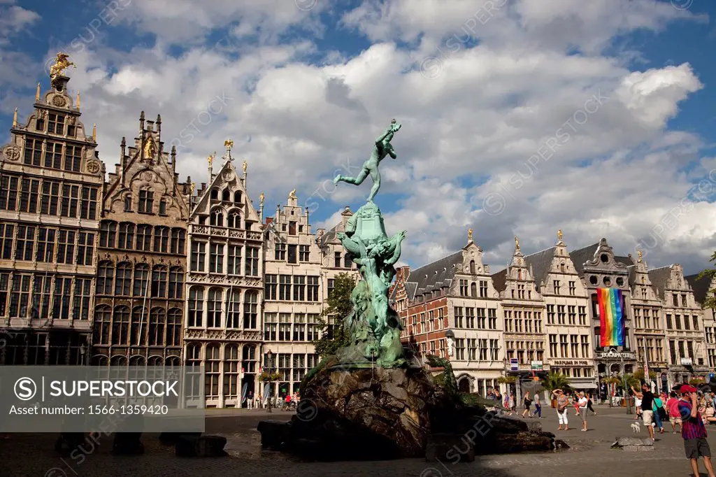 Statue of Brabo and the giant's hand fountain and 16th-century Guildhouses at the market square Grote Markt in Antwerp, Belgium, Europe.