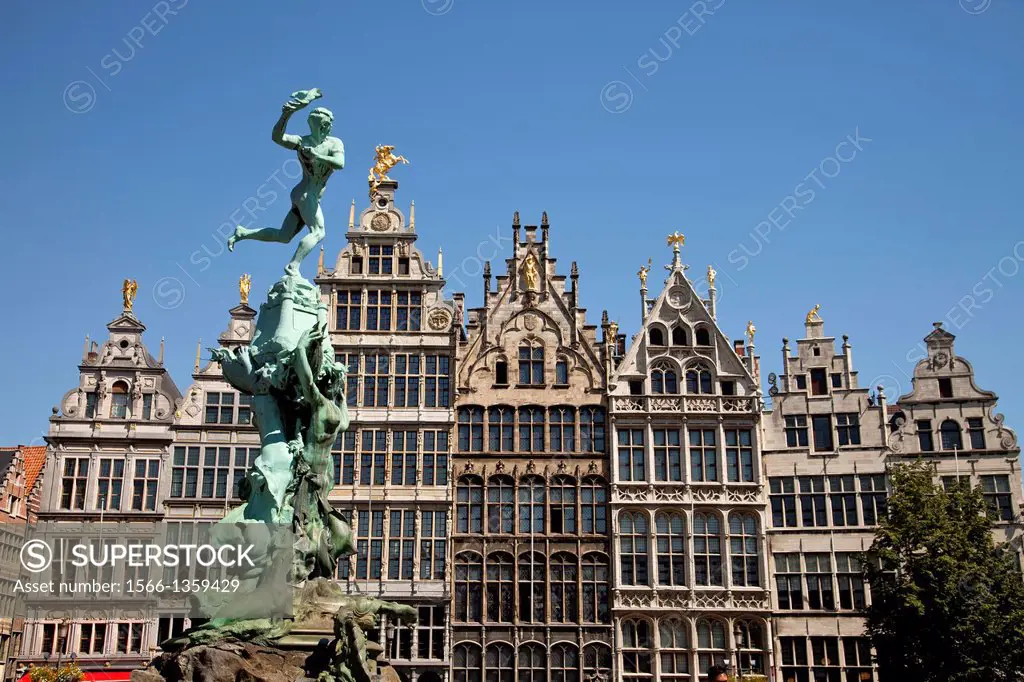 Statue of Brabo and the giant's hand fountain and 16th-century Guildhouses at the market square Grote Markt in Antwerp, Belgium, Europe.