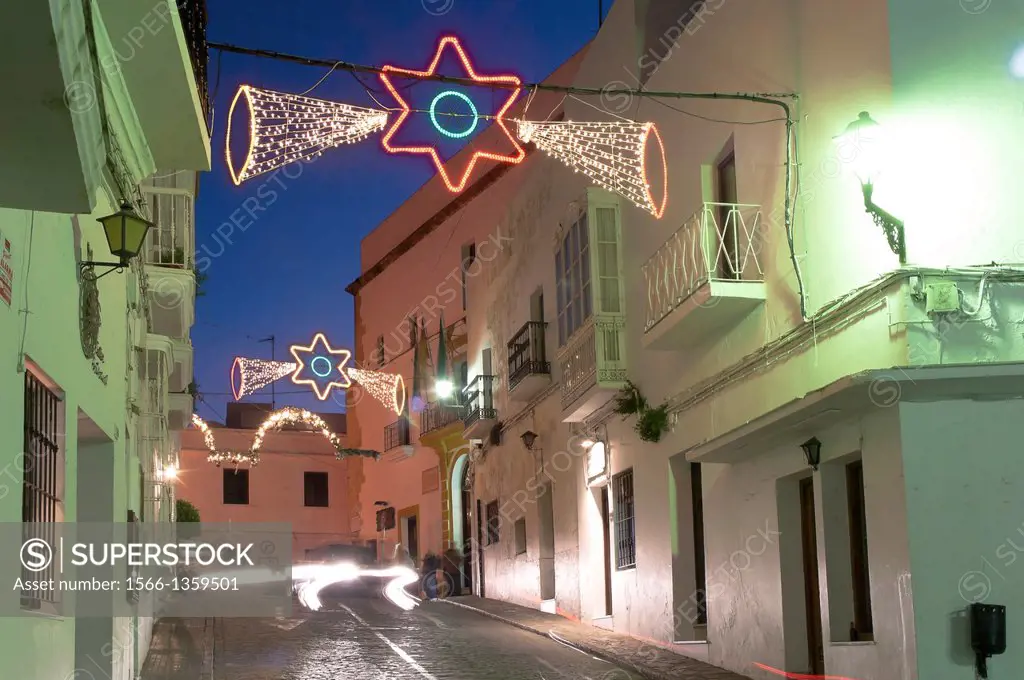 Urban view with Christmas lighting, Vejer de la Frontera, Cadiz-province, Region of Andalusia, Spain, Europe.