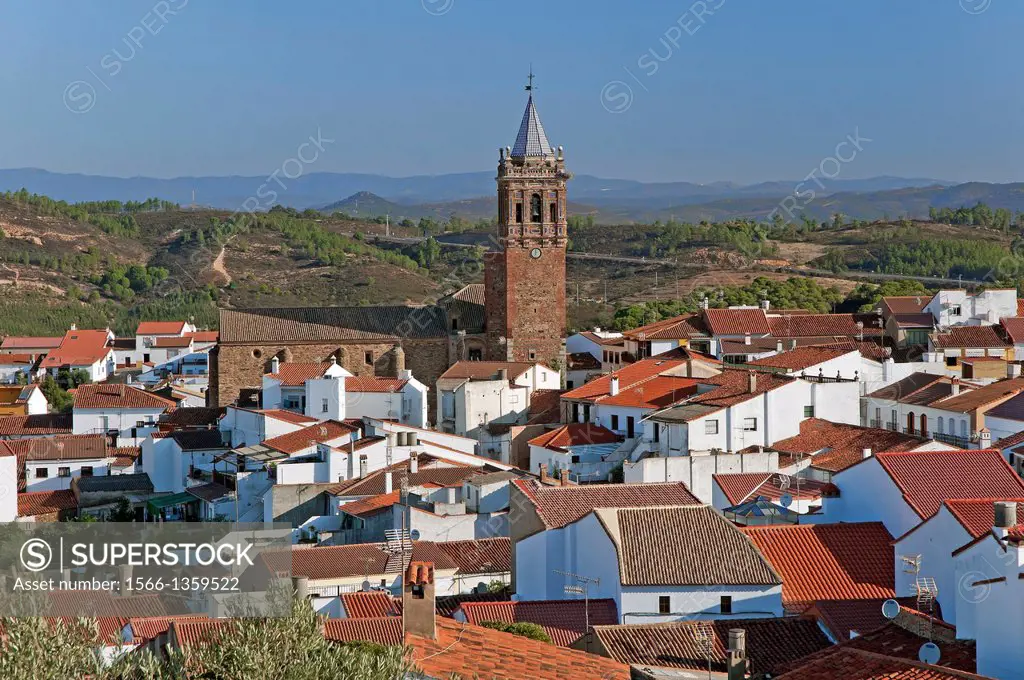 Panoramic view and Church of the Assumption -16th century, Zalamea la Real, Huelva-province, Region of Andalusia, Spain, Europe.