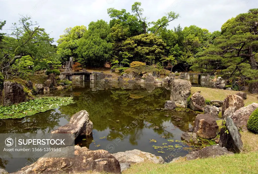 Nijo Castle, Garden of rocks, water, trees and their reflections, designed by Kobori Enshu beginning of 17th. century. In the grounds of the Castle cl...