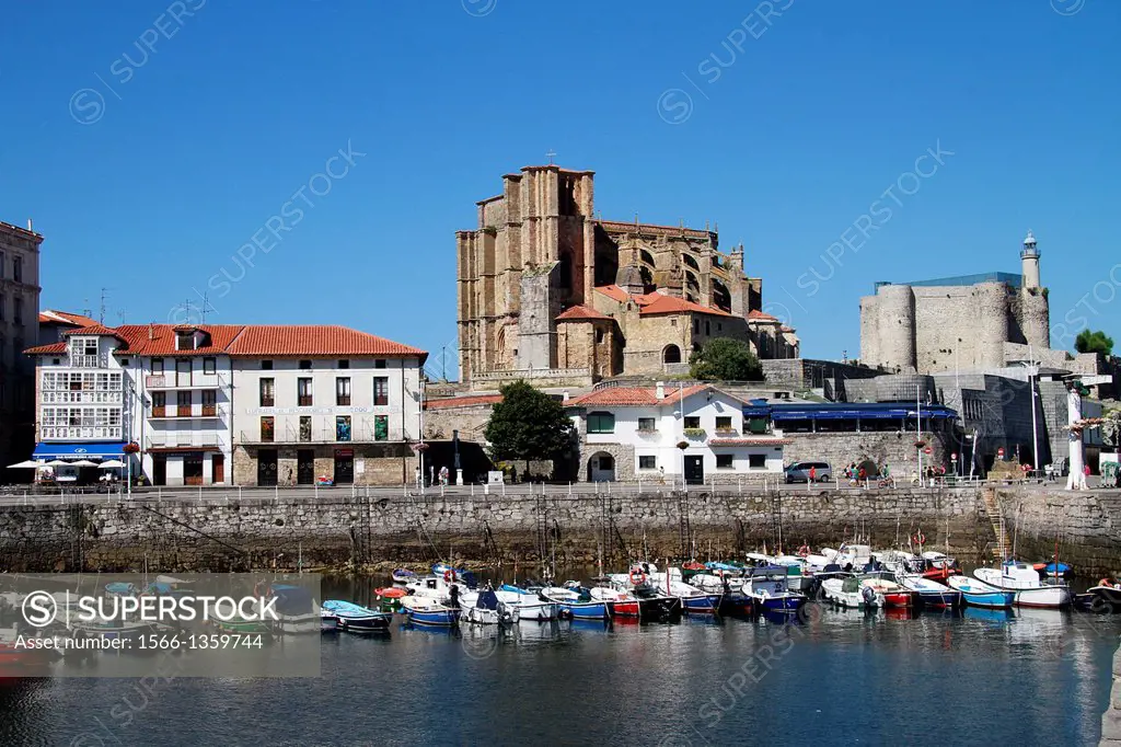St Mary´s Church And Castle Lighthouse of Castro Urdiales, Cantabria, Spain.