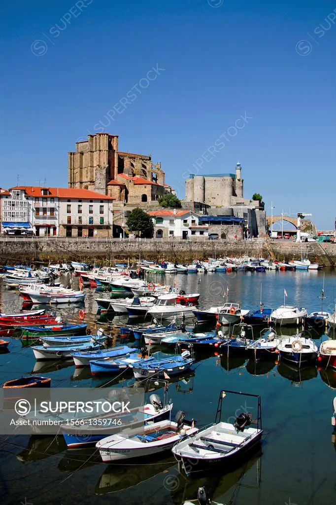 St Mary´s Church And Castle Lighthouse of Castro Urdiales, Cantabria, Spain.
