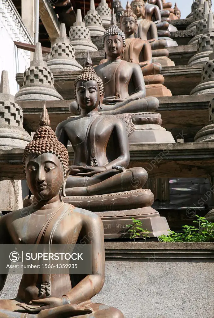 Statues of the Buddha in the lotus position, Gangaramaya Buddhist Temple, Colombo, Sri Lanka.