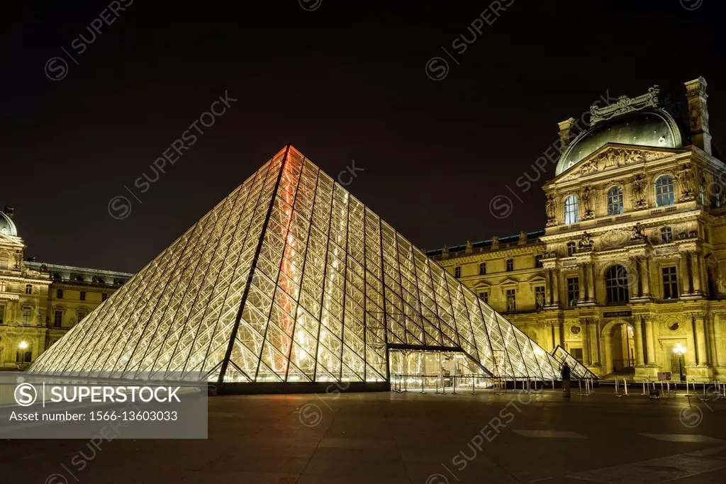View of the Louvre Museum and the Pyramid, Paris, France.