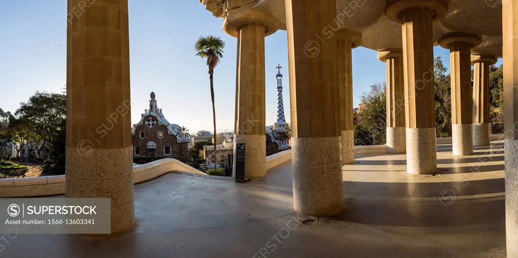 Hall of Columns, Park Guell, Barcelona, Catalonia, Spain.