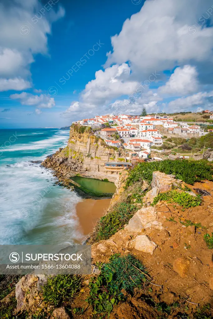 Azenhas do Mar, Colares, Sintra, Lisbon district, Portugal. Iconic view over the village on the cliff.