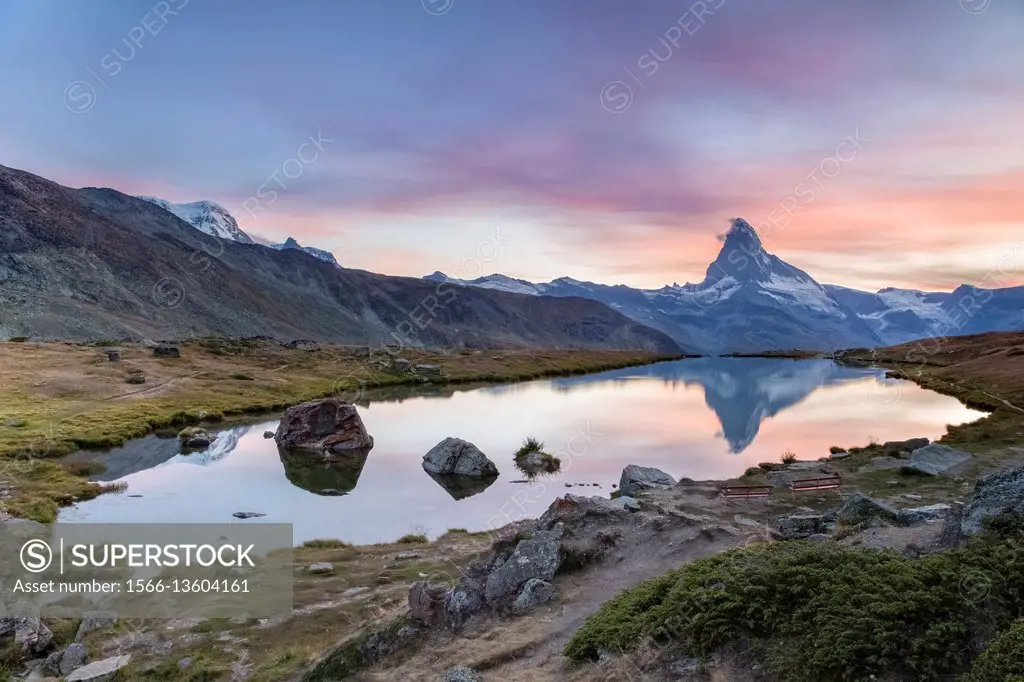 Matterhorn reflection on Stellisee Lake, Zermatt, Switzerland.