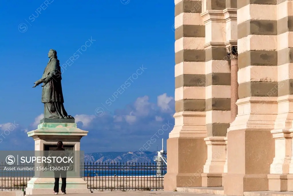De Belsunce statue at the Cathedral of Marseille, Notre-Dame de la Major, Marseille, Bouches-de-Rhone, Provence-Alpes-Cote-d'Azur, France, Europe.
