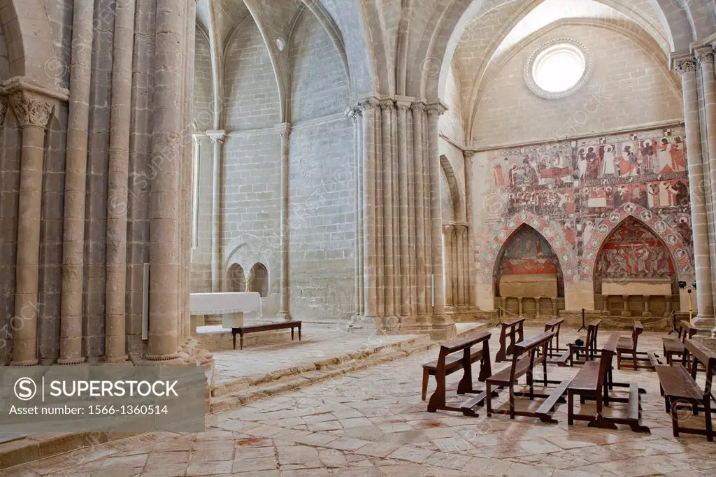 Chapel of San Miguel de Foces with its interesting fresco paintings of lineal gothic style, Ibieca, Huesca, Spain.