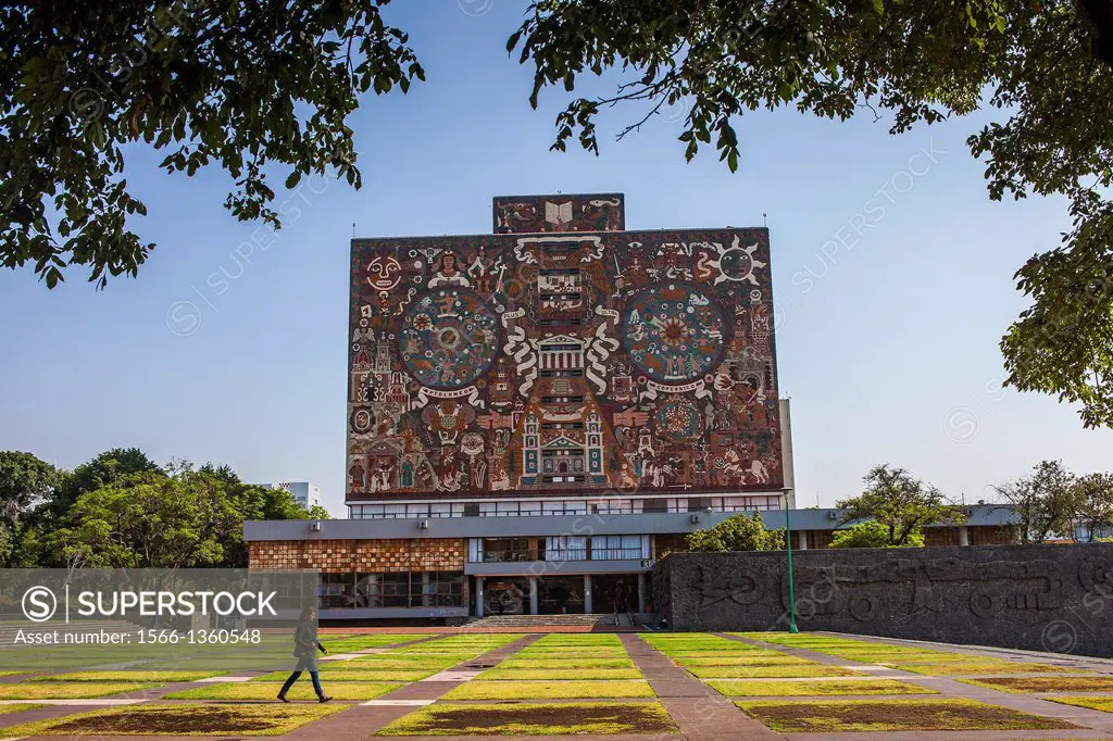 `Representación histórica de la cultura´, mural by Juan O´Gorman on the facade of the library, campus of the Universidad Nacional Autónoma de Mexico U...
