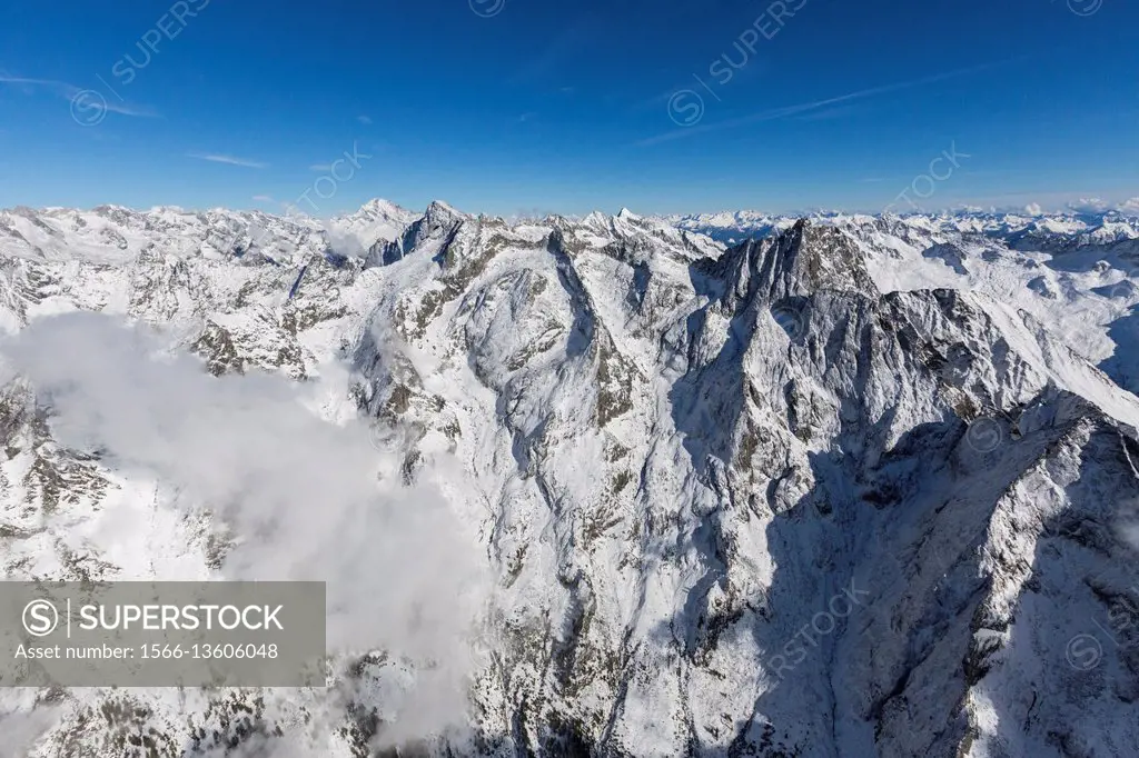Aerial view of the snow covered Sasso Manduino Val Codera Chiavenna Valley Valtellina Lombardy Italy Europe.