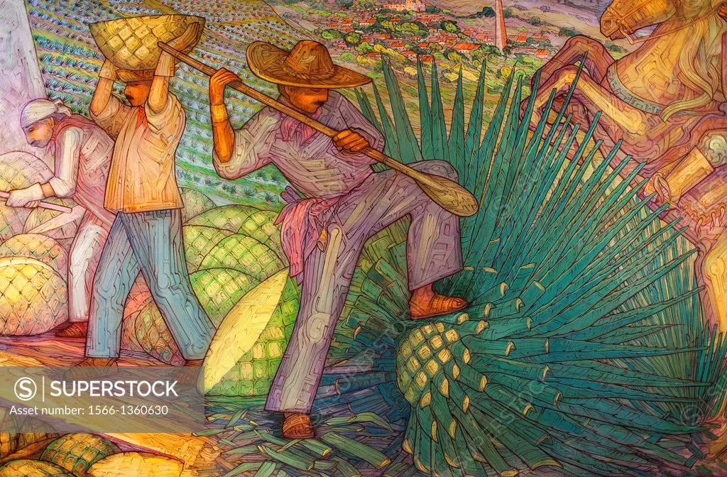 Mural by Maestro Carlos Terres, Jose cuervo tequila distillery in tequila village, Mexico.