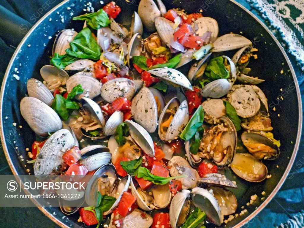 Clams in a skillet with tomatoes, basil and garlic.
