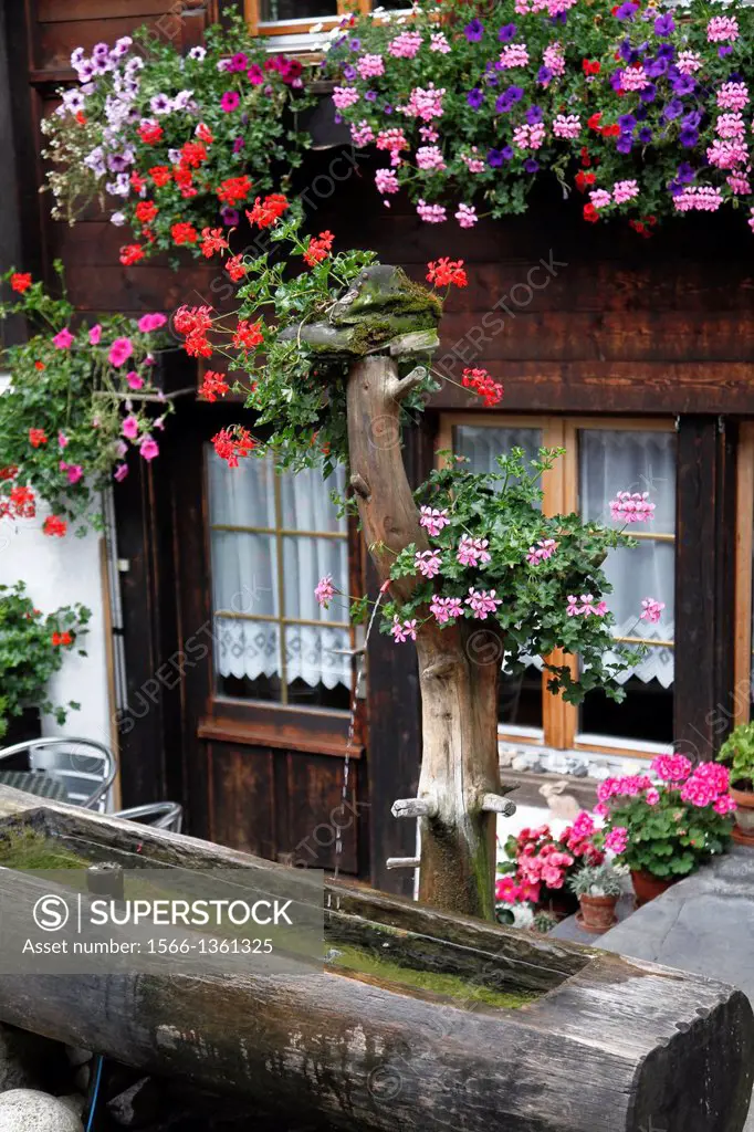 Typical street with a wooden buildings (Brunngasse) in Brienz. Interlaken, Canton of Bern, Switzerland, Europe.