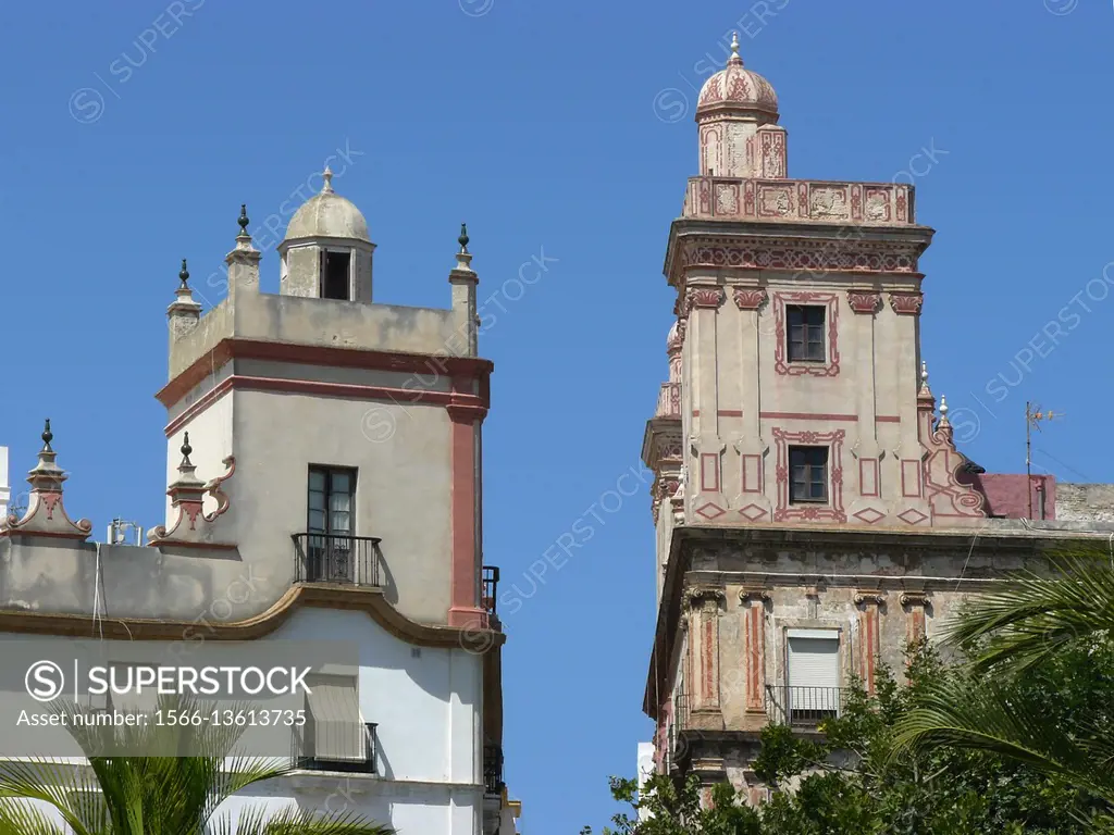 Cadiz (Spain). Architectural detail of the House of the four towers in the city of Cadiz.