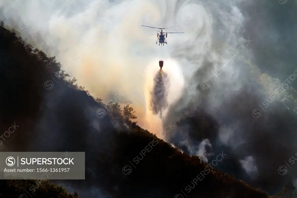 August 2013 Lugo Fire in Navia, in Ancares, Natura protected area, Biosphere and reserba. It affects more than 500 hectares of forest. Aerial and terr...