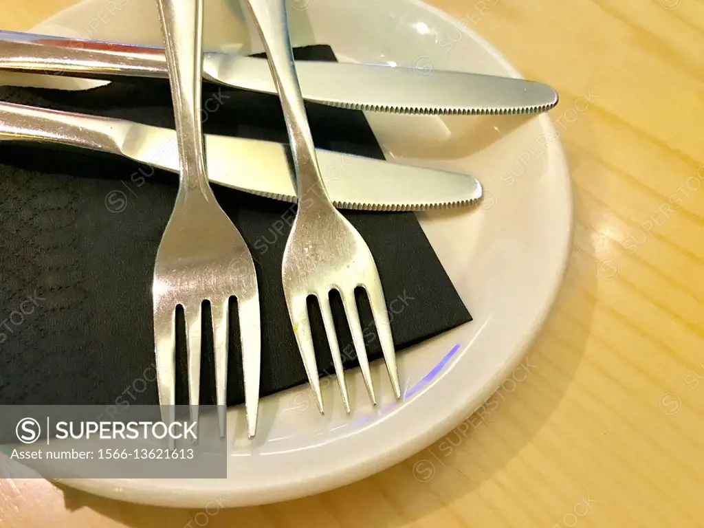 Two forks and two knives on a dish. Close view.