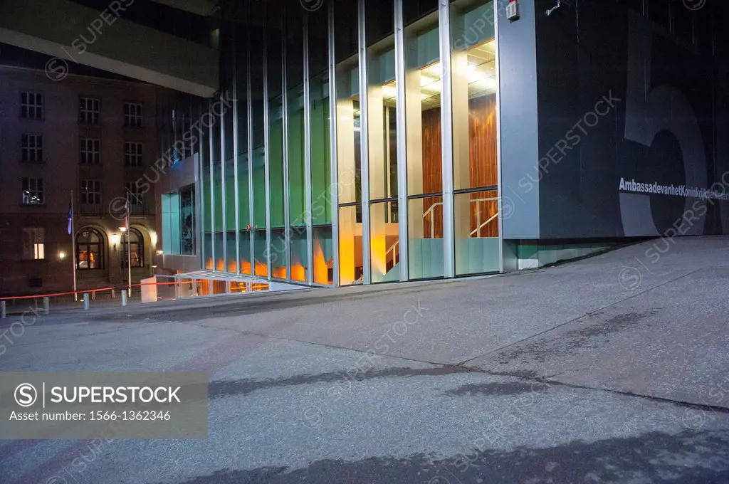 Klosterstrasse, East-Berlin, Berlin, Germany. Exterior at night, of the Dutch Embassy in Berlin, designed and build by the Dutch architect Rem Koolhaa...