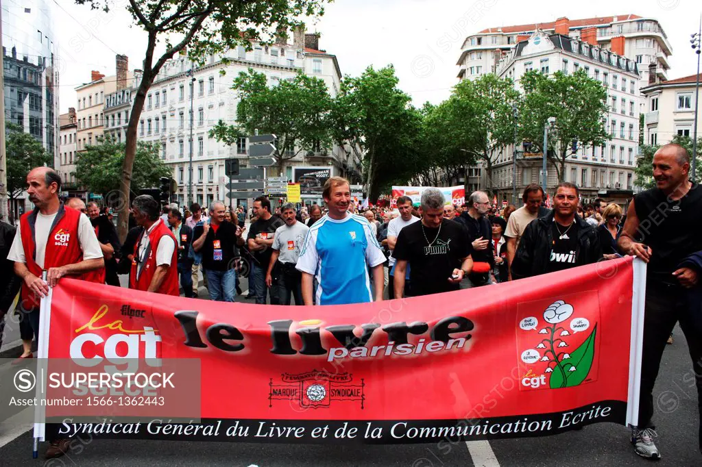Activists of the Parisian book trade union CGT against pension reform during a demonstration for jobs, wages and pensions, Lyon, Rhône, Rhône-Alpes, F...