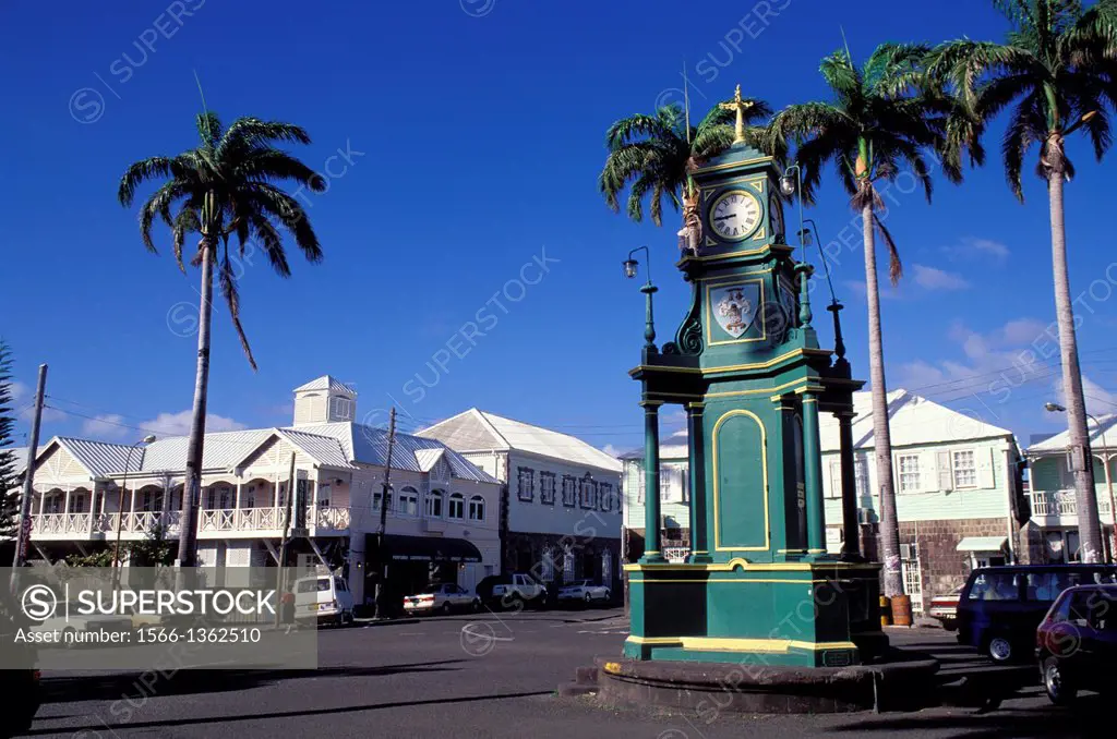 ST. KITTS, BASSETERRE, TOWN SQUARE, CLOCK TOWER.